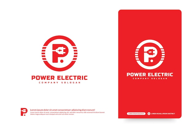 Letter P logo with plug cable inside Lettering logo, Electricity brand identity negative space