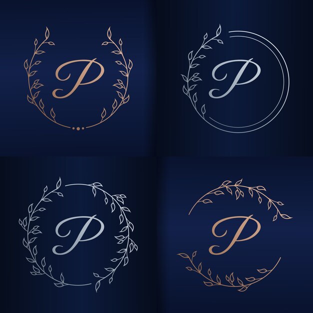 Vector letter p with floral frame logo template