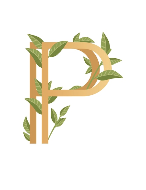 Letter P with gradient style beige color covered with green leaves eco font flat vector illustration isolated on white background