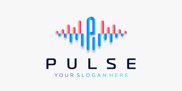 Letter p with pulse wave element logo template electronic music equalizer DJ music technology