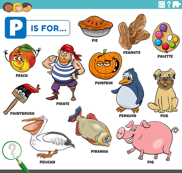 Letter p words educational set with cartoon characters