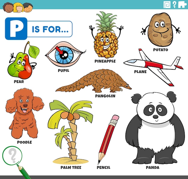 Letter p words educational set with cartoon characters