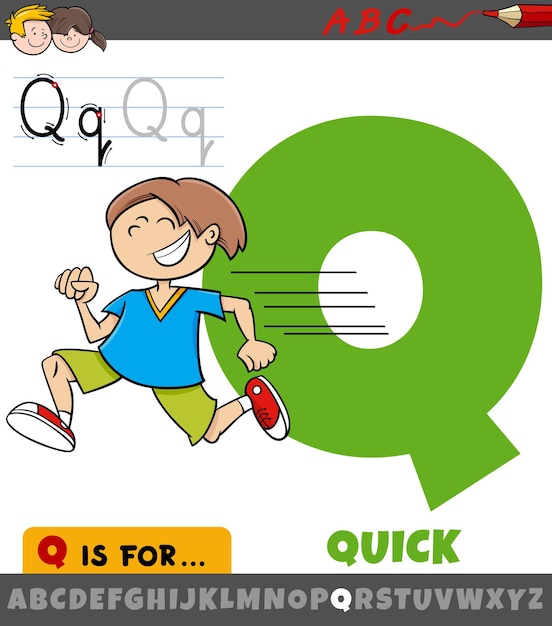 Letter Q from alphabet with quick word cartoon