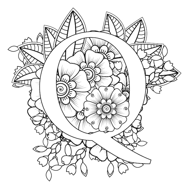 Letter Q with Mehndi flower decorative ornament in ethnic oriental style coloring book page