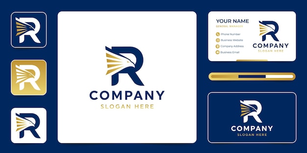 Letter R eagle head logo with business card template