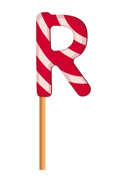 Letter R from striped red and white lollipops. Festive font or decoration for holiday or party. Vector flat illustration