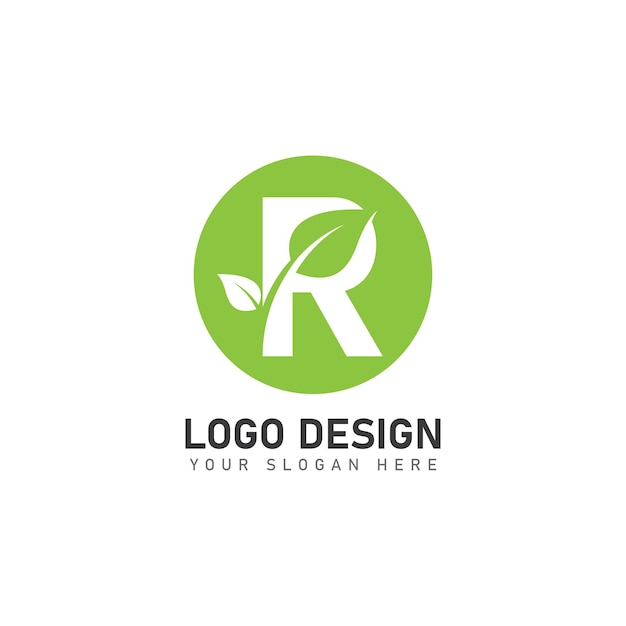 letter R logo with green leaves nature logo icon design template