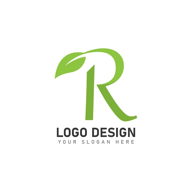 letter R logo with green leaves nature logo icon design template