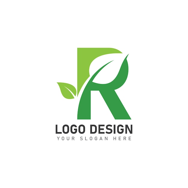 letter R logo with green leaves nature logo icon design template