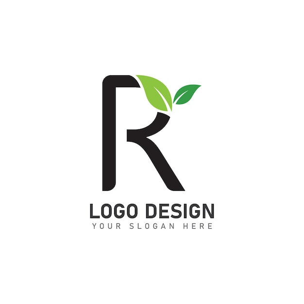 letter R logo with green leaves nature logo icon design template