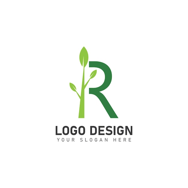 Vector letter r logo with green leaves nature logo icon design template