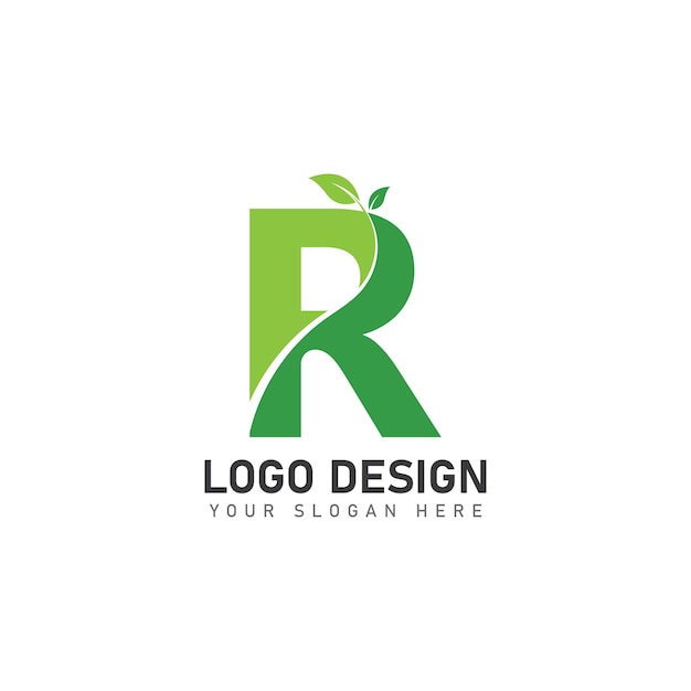 letter R logo with green leaves nature logo icon design template