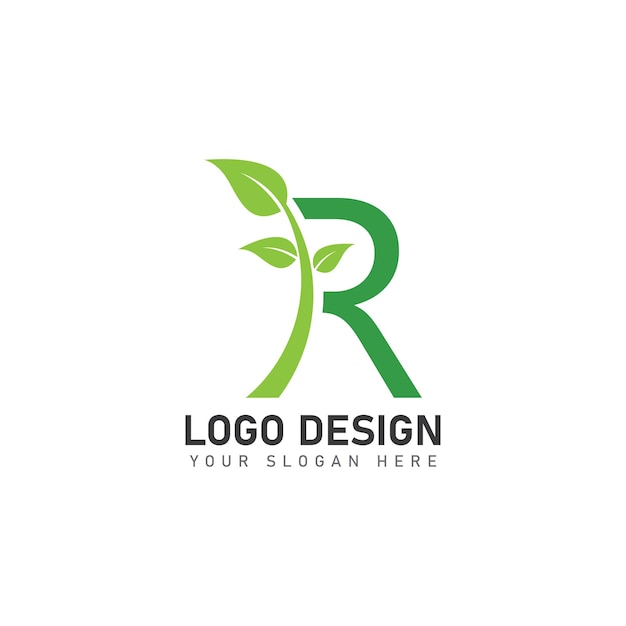 letter R logo with green leaves nature logo icon design template