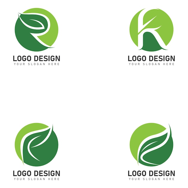 Vector letter r logo with green leaves nature logo icon design template