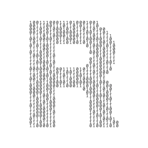 Letter r made from binary code digits technology background