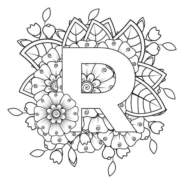 Letter R with Mehndi flower decorative ornament in ethnic oriental style coloring book page