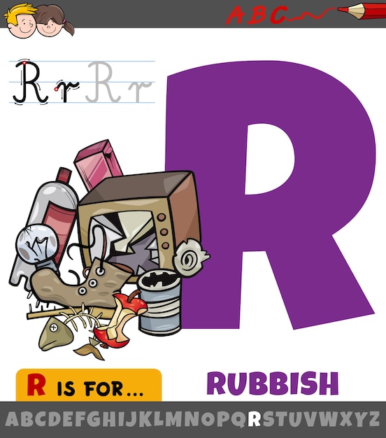 letter R worksheet with cartoon rubbish