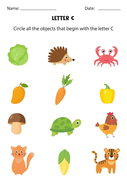 Letter recognition for kids. Circle all objects that start with C.