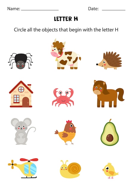 Letter recognition for kids. Circle all objects that start with H.