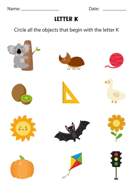 Letter recognition for kids. Circle all objects that start with K.