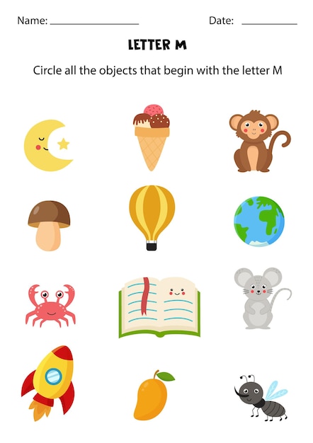 Letter recognition for kids. Circle all objects that start with M.