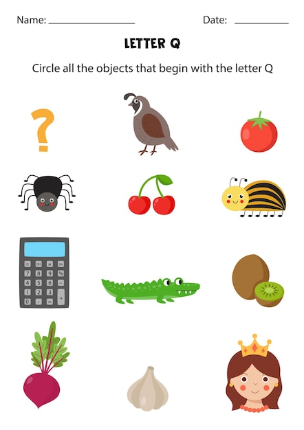 Letter recognition for kids. Circle all objects that start with Q.