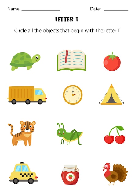 Letter recognition for kids. Circle all objects that start with T.