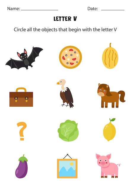 Letter recognition for kids. Circle all objects that start with V.