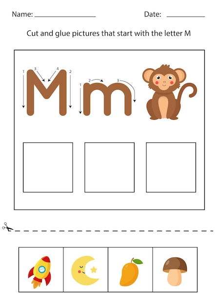 Letter recognition for kids. Cut and glue. Letter M.