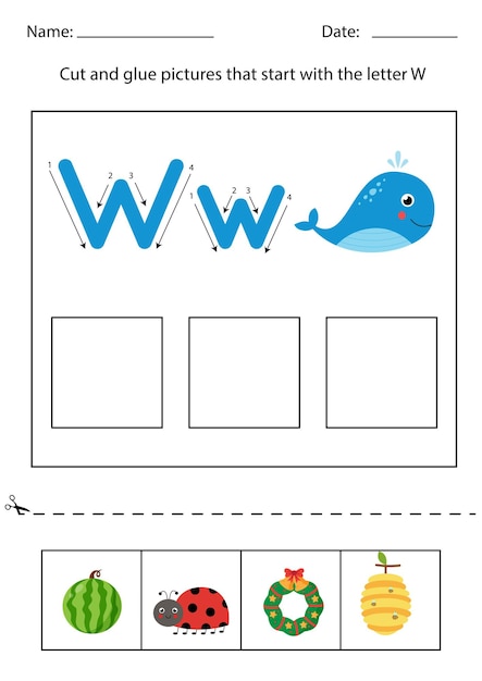 Letter recognition for kids. Cut and glue. Letter W.