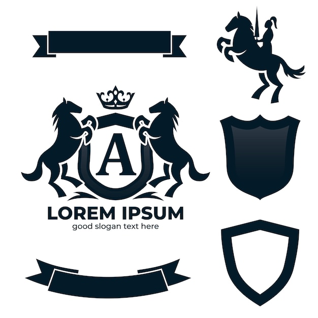 Letter A Retro Crest With Shield And Two Horses Vector heraldic shield with crown horse silhouette