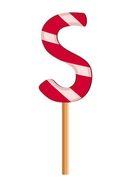 Letter S from striped red and white lollipops. Festive font or decoration for holiday or party. Vector flat illustration