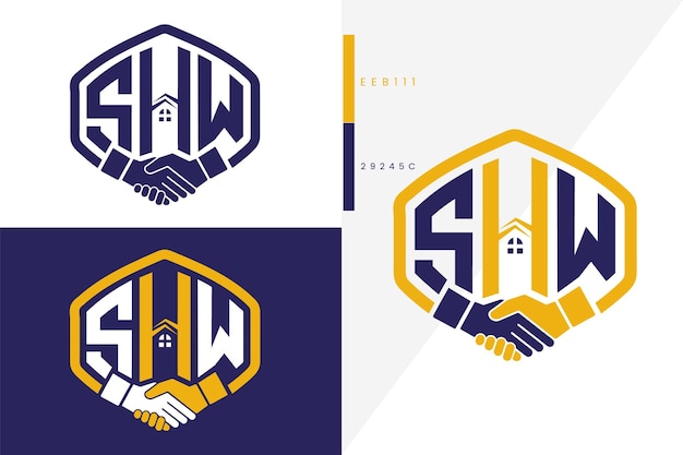 Letter S H W Monogram HandShake Real estate logo Vector Template