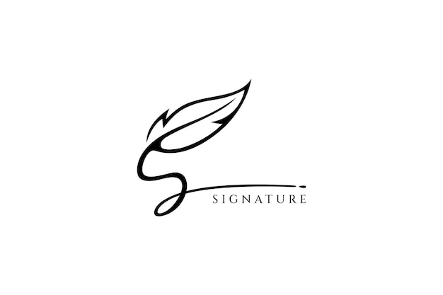 Letter s logo with quill ink for classic writing style on paper symbol of book author publisher initials and signature luxury and elegant line art concept in black on white background