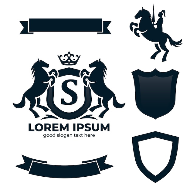 Letter S Retro Crest With Shield And Two Horses Vector heraldic shield with crown horse silhouette