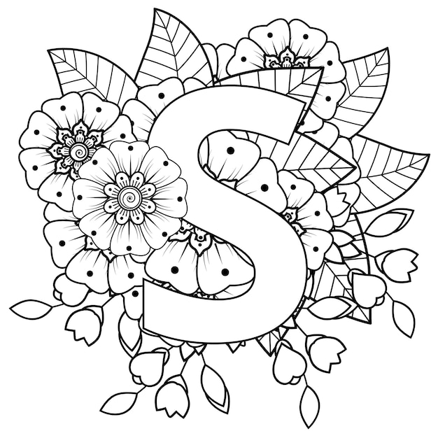 Letter S with Mehndi flower decorative ornament in ethnic oriental style coloring book page