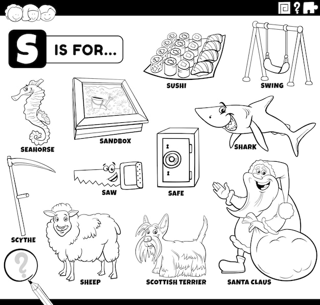 Letter s words educational set coloring book page