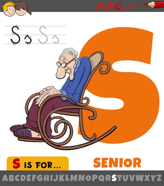 Letter S worksheet with cartoon senior character