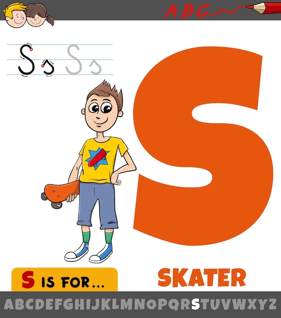 letter S worksheet with cartoon skater character