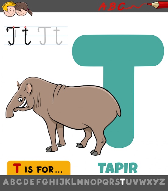 Letter T educational worksheet with cartoon tapir animal