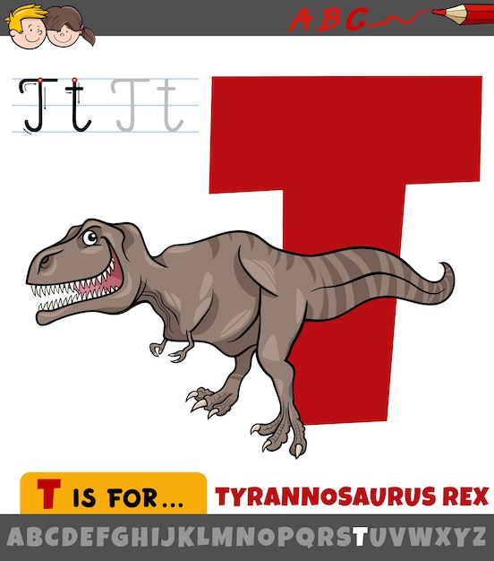 Letter T from alphabet with cartoon Tyrannosaurus Rex character