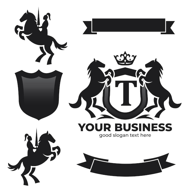 Letter T Retro Crest With Shield And Two Horses Vector heraldic shield with crown horse silhouette