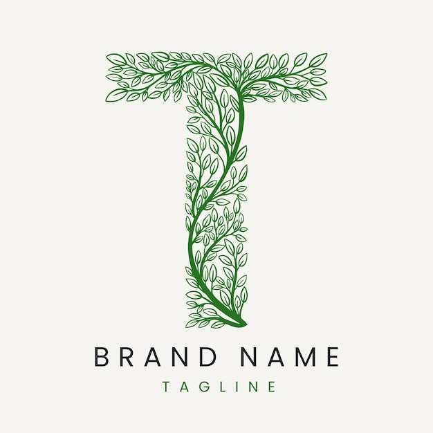 Letter T Tree Branch Formed From Twigs Leaves Logo Design