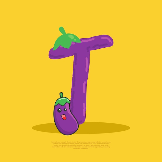 Letter T with cute eggplant sitting beside it flat design vector