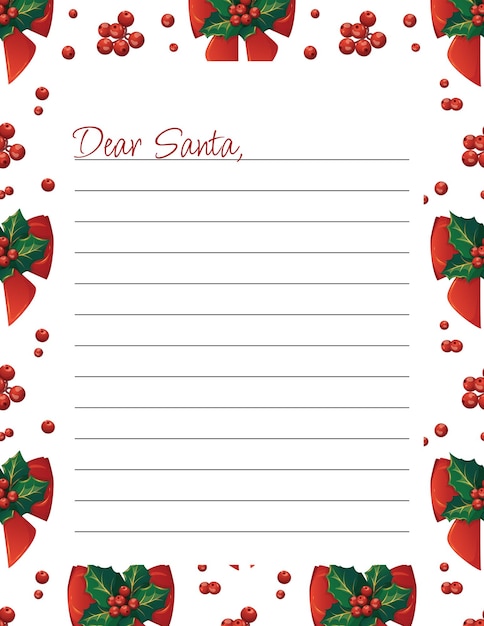 Letter template for letters to Santa Claus with holly on white background