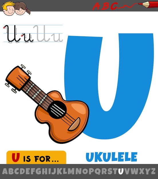 Letter U from alphabet with cartoon ukulele musical instrument