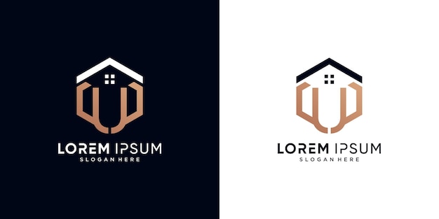 Letter u and house logo design vector illustration with hexagon concept