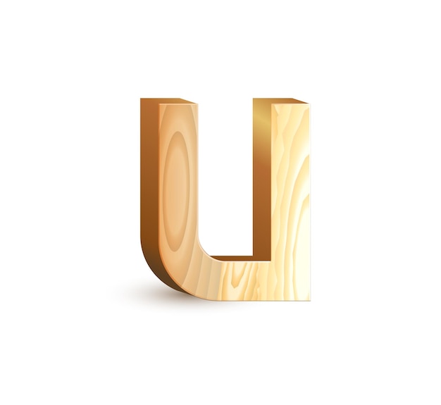 Letter U Isolated geometric wood texture font 3d wooden material type alphabet symbols Vector illustrations