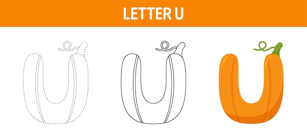 Letter U Pumpkin tracing and coloring worksheet for kids