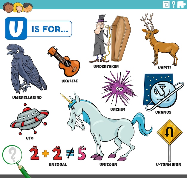 Letter u words educational set with cartoon characters